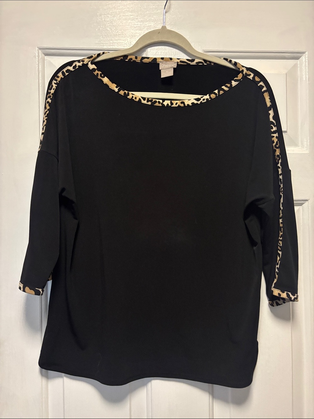 Chico's Black Top with Leopard-Trim Accents